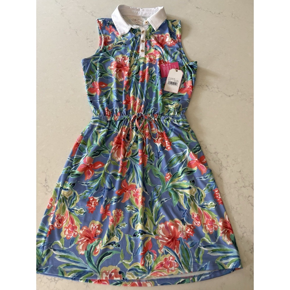 STELLA PARKER SPORT Polo Dress Vacation Floral UPF 50+ Sun Protect Blue Womens S